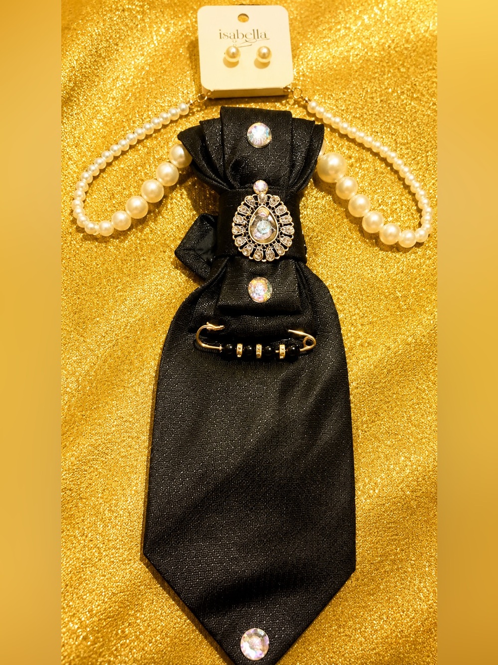 Black Satin Bow Tie with Pendant, Pearl Chain & Crystal Brooch